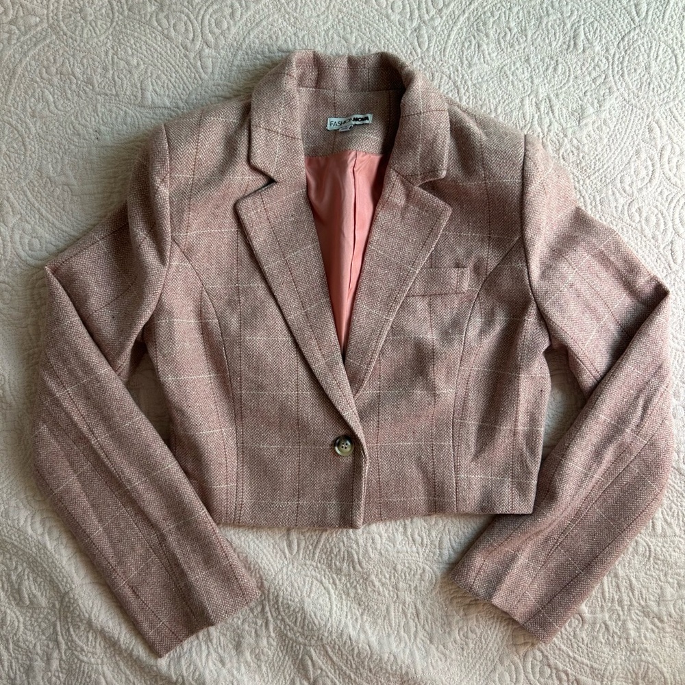 Fashion Nova Blush Plaid Cropped Blazer and Skirt Set